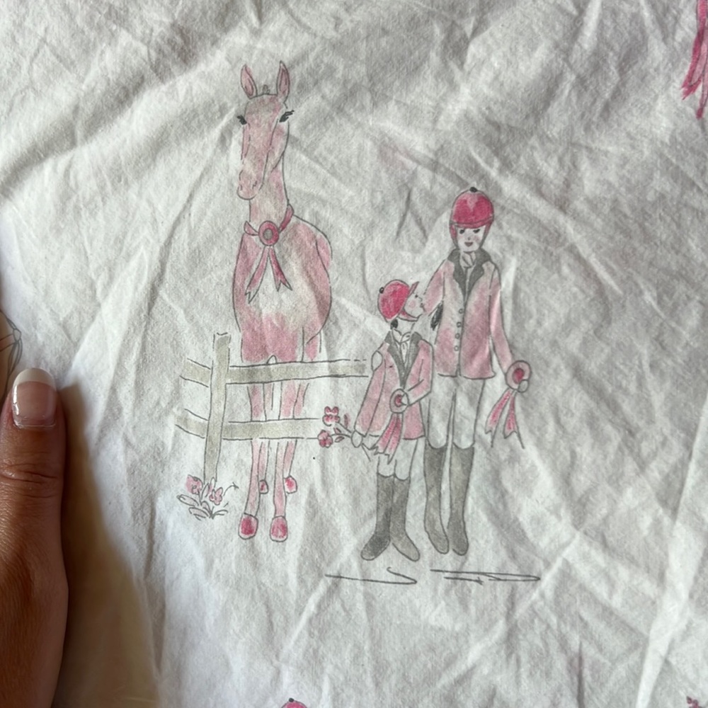 Pottery barn kids full sheet set horses hunter jumper white pink gray